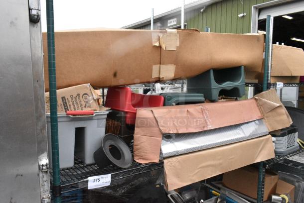 Green Finish 3 Tier Wire Shelving Unit w/ Contents Including Tarp and Booster Seats. BUYER MUST DISMANTLE. PCI CANNOT DISMANTLE FOR SHIPPING. PLEASE CONSIDER FREIGHT CHARGES. - Image 3 of 9