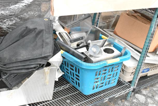 Green Finish 3 Tier Wire Shelving Unit w/ Contents Including Tarp and Booster Seats. BUYER MUST DISMANTLE. PCI CANNOT DISMANTLE FOR SHIPPING. PLEASE CONSIDER FREIGHT CHARGES. - Image 6 of 9