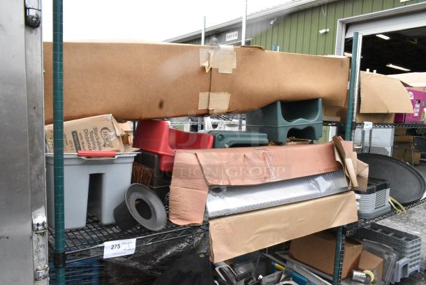 Green Finish 3 Tier Wire Shelving Unit w/ Contents Including Tarp and Booster Seats. BUYER MUST DISMANTLE. PCI CANNOT DISMANTLE FOR SHIPPING. PLEASE CONSIDER FREIGHT CHARGES. - Image 7 of 9