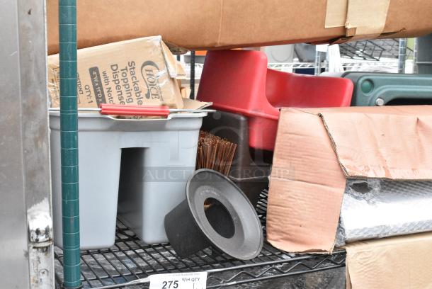 Green Finish 3 Tier Wire Shelving Unit w/ Contents Including Tarp and Booster Seats. BUYER MUST DISMANTLE. PCI CANNOT DISMANTLE FOR SHIPPING. PLEASE CONSIDER FREIGHT CHARGES. - Image 8 of 9