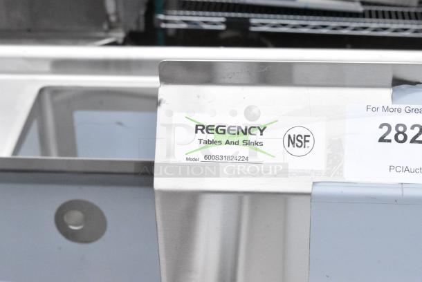 BRAND NEW SCRATCH AND DENT! Regency 600S31824224 16 Gauge Stainless Steel Three Compartment Commercial Sink with Galvanized Steel Legs and 2 Drainboards. - Image 8 of 8