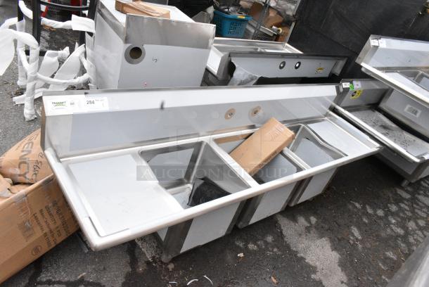 BRAND NEW SCRATCH AND DENT! Regency 600S31515215 Stainless Steel Three Compartment Commercial Sink with Galvanized Steel Legs and 2 Drainboards. - Image 1 of 8