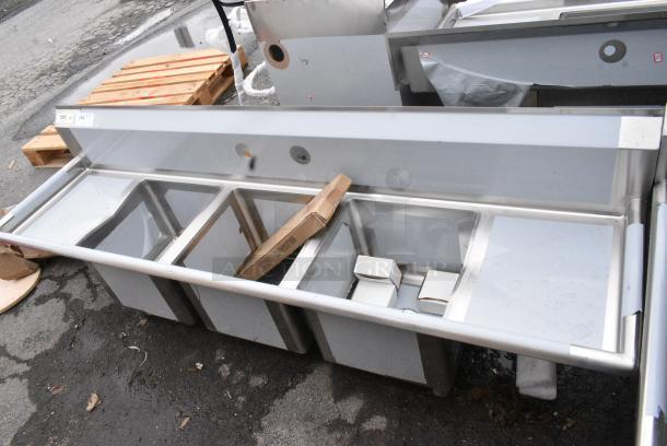 BRAND NEW SCRATCH AND DENT! Regency 600S31515215 Stainless Steel Three Compartment Commercial Sink with Galvanized Steel Legs and 2 Drainboards. - Image 2 of 8