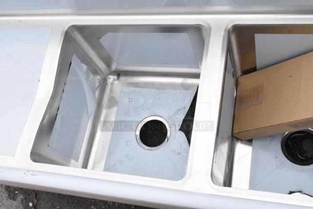 BRAND NEW SCRATCH AND DENT! Regency 600S31515215 Stainless Steel Three Compartment Commercial Sink with Galvanized Steel Legs and 2 Drainboards. - Image 6 of 8