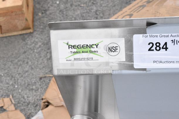 BRAND NEW SCRATCH AND DENT! Regency 600S31515215 Stainless Steel Three Compartment Commercial Sink with Galvanized Steel Legs and 2 Drainboards. - Image 8 of 8