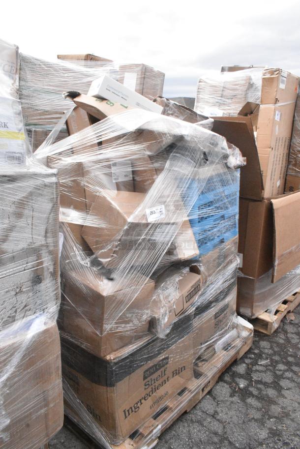 24 BRAND NEW SCRATCH AND DENT! Items Including 176IB200 Baker's Lane 12.6 Gallon / 200 Cup Shelf Ingredient Bin with Flip Lid, Label Sheet, and Scoop, Libbey 3282VCP37 Cidra 13 oz. Customizable Rocks / Double Old Fashioned Glass, 456302 Carlisle 2.9 oz. White SAN Plastic Creamer - 36/Case, 164TS1800 Lancaster Table & Seating 18" Cast Iron Table Base Spider. 24 Times Your Bid! May Be Missing Pieces. - Image 1 of 14