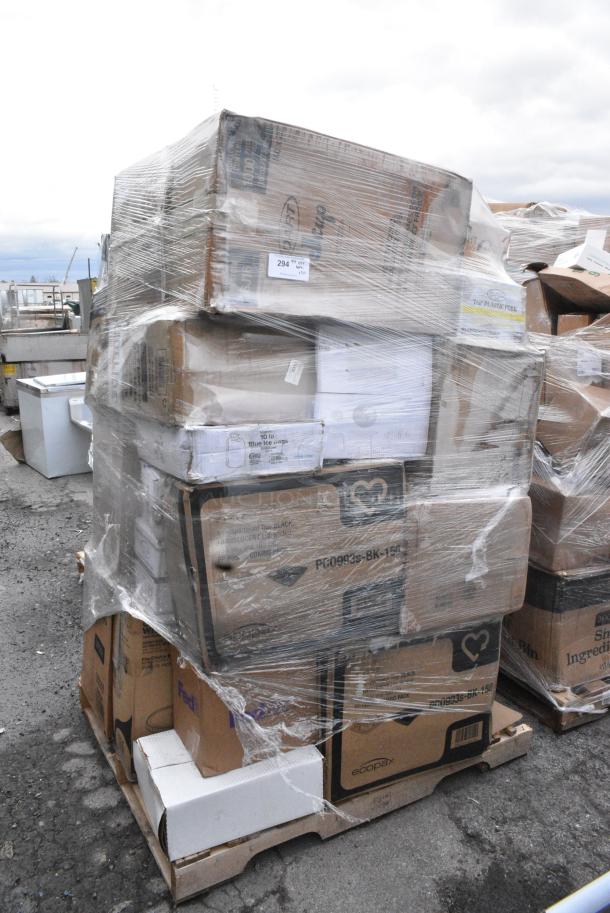 30 BRAND NEW SCRATCH AND DENT! Items Including 129MCS28B Choice 28 oz. Black Rectangular Microwavable Heavy Weight Container with Lid 8 3/4" x 6 1/4" x 1 3/4" - 150/Case, 50012W Choice 12 oz. White Poly Paper Hot Cup - 1000/Case, 130IC10BL UNPRINTED 10LB BLUE ICE BAGS 1000/CS, 500L1020B Choice Black Hot Paper Cup Travel Lid for 10-24 oz. Standard Cups and 8 oz. Squat Cups - 1000/Case, 500CC12HD 12 oz. Plastic Cold Cup - Designed for Use Without Lids - 1000/Case. 30 Times Your Bid! May Be Missing Pieces. - Image 1 of 18
