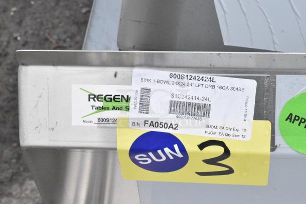 BRAND NEW SCRATCH AND DENT! Regency 600S1242424L Stainless Steel Single Bay Sink w/ Left Side Drain Board. No Legs. - Image 6 of 6