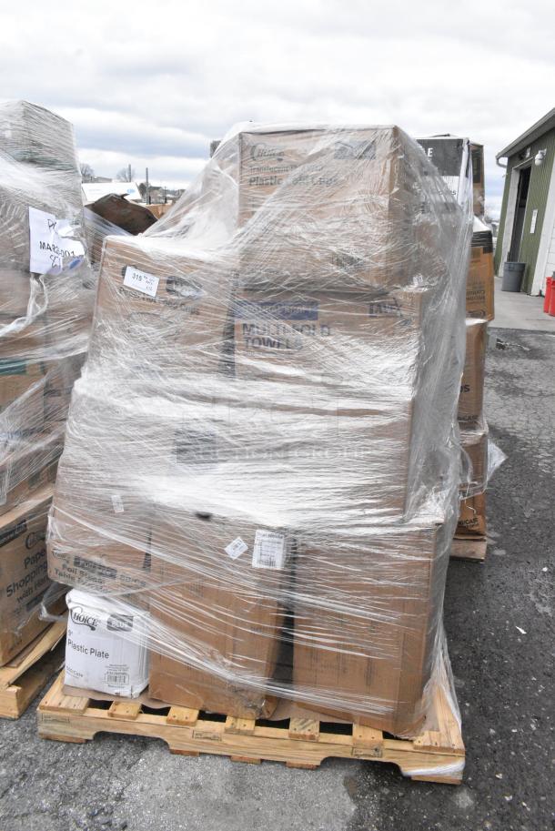 26 BRAND NEW SCRATCH AND DENT! Items Including 347BP9BL Choice 9" Blue Plastic Plate - 500/Case, 612FFL1230 Choice Foil Steam Table Pan Lid - Full Size - 50/Case, 500TW7 Choice 7 oz. Translucent Thin Wall Plastic Cold Cup - 2500/Case, Choice 12 oz. White Double Poly-Coated Paper Food Cup - 1000/Case 760SOUP12WB, 394345XL Noble NexGen Powder-Free Disposable Black Hybrid 3 Mil Thick Gloves - Extra Large - 1000/Case. 26 Times Your Bid! - Image 1 of 11