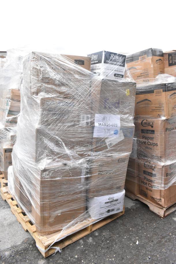 26 BRAND NEW SCRATCH AND DENT! Items Including 347BP9BL Choice 9" Blue Plastic Plate - 500/Case, 612FFL1230 Choice Foil Steam Table Pan Lid - Full Size - 50/Case, 500TW7 Choice 7 oz. Translucent Thin Wall Plastic Cold Cup - 2500/Case, Choice 12 oz. White Double Poly-Coated Paper Food Cup - 1000/Case 760SOUP12WB, 394345XL Noble NexGen Powder-Free Disposable Black Hybrid 3 Mil Thick Gloves - Extra Large - 1000/Case. 26 Times Your Bid! - Image 2 of 11