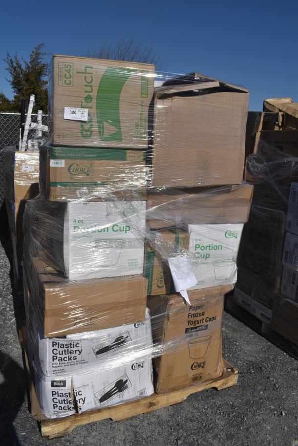 26 BRAND NEW! Boxes Including 394365L Noble Products Powder-Free Disposable Clear Vinyl Gloves for Foodservice - Large - 1000/Case,130BKFKSNSPH Choice Black Heavy Weight Wrapped Polystyrene Plastic Cutlery Pack with Napkin and Salt and Pepper Packets - 500/Case, 129MCR38B Choice 38 oz. Black 7" Round Microwavable Heavy Weight Container with Lid - 150/Case, 395RP09 EcoChoice No PFAS Added Bamboo / Bagasse Blend 9" Plate - 500/Case, 130BKFKSNSPX500 Choice Black Extra Heavy Weight Wrapped Polystyrene Plastic Cutlery Pack with Napkin and Salt and Pepper Packets - 500/Case, BWKTRANSCUP7CT 7 OZ TRANSLUCENT PLASTIC CUP 2500/CS, 127P400C Choice 4 oz. Clear Plastic Souffle Cup / Portion Cup - 2500/Case, 760IC16W Choice 16 oz. White Paper Frozen Yogurt / Soup / Food Cup - 1000/Case. 26 Times Your Bid! - Image 1 of 19