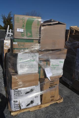 26 BRAND NEW! Boxes Including 394365L Noble Products Powder-Free Disposable Clear Vinyl Gloves for Foodservice - Large - 1000/Case,130BKFKSNSPH Choice Black Heavy Weight Wrapped Polystyrene Plastic Cutlery Pack with Napkin and Salt and Pepper Packets - 500/Case, 129MCR38B Choice 38 oz. Black 7" Round Microwavable Heavy Weight Container with Lid - 150/Case, 395RP09 EcoChoice No PFAS Added Bamboo / Bagasse Blend 9" Plate - 500/Case, 130BKFKSNSPX500 Choice Black Extra Heavy Weight Wrapped Polystyrene Plastic Cutlery Pack with Napkin and Salt and Pepper Packets - 500/Case, BWKTRANSCUP7CT 7 OZ TRANSLUCENT PLASTIC CUP 2500/CS, 127P400C Choice 4 oz. Clear Plastic Souffle Cup / Portion Cup - 2500/Case, 760IC16W Choice 16 oz. White Paper Frozen Yogurt / Soup / Food Cup - 1000/Case. 26 Times Your Bid!