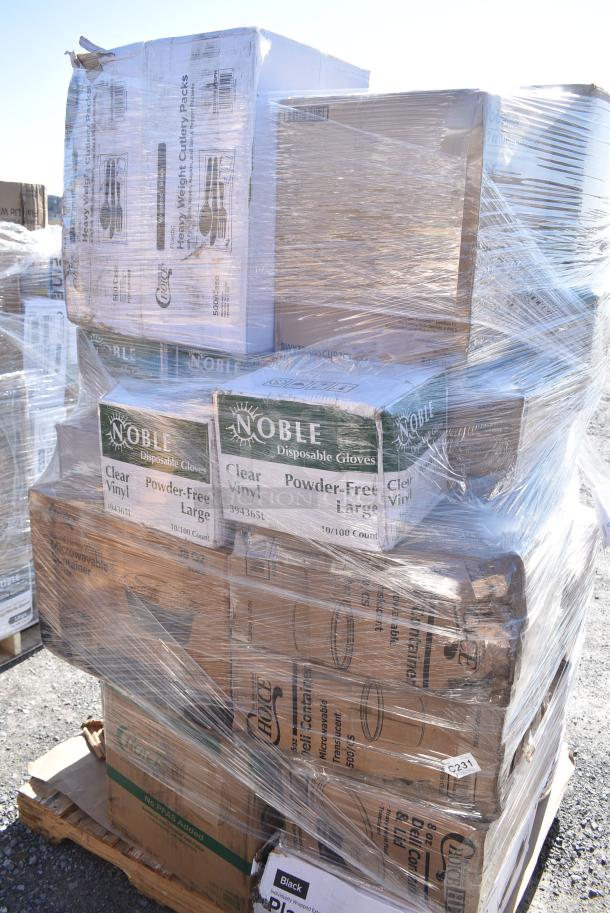 26 BRAND NEW! Boxes Including 394365L Noble Products Powder-Free Disposable Clear Vinyl Gloves for Foodservice - Large - 1000/Case,130BKFKSNSPH Choice Black Heavy Weight Wrapped Polystyrene Plastic Cutlery Pack with Napkin and Salt and Pepper Packets - 500/Case, 129MCR38B Choice 38 oz. Black 7" Round Microwavable Heavy Weight Container with Lid - 150/Case, 395RP09 EcoChoice No PFAS Added Bamboo / Bagasse Blend 9" Plate - 500/Case, 130BKFKSNSPX500 Choice Black Extra Heavy Weight Wrapped Polystyrene Plastic Cutlery Pack with Napkin and Salt and Pepper Packets - 500/Case, BWKTRANSCUP7CT 7 OZ TRANSLUCENT PLASTIC CUP 2500/CS, 127P400C Choice 4 oz. Clear Plastic Souffle Cup / Portion Cup - 2500/Case, 760IC16W Choice 16 oz. White Paper Frozen Yogurt / Soup / Food Cup - 1000/Case. 26 Times Your Bid! - Image 4 of 19