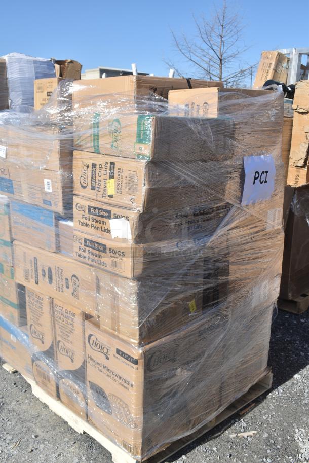 36 BRAND NEW! Boxes Including 612FS4255HD Choice Half Size Heavy-Duty Foil Steam Table Pan Medium 2 3/16" Depth - 100/Case, 128HD8COMBO Choice Heavy Duty 8 oz. Microwavable Translucent Plastic Deli Container and Lid Combo Pack - 240/Case, 760SOUP16MP Choice 16 oz. Medley Double Poly-Coated Paper Soup / Hot Food Cup with Vented Paper Lid - 250/Case, 394345L Noble NexGen Powder-Free Disposable Black Hybrid 3 Mil Thick Gloves - Large - 1000/Case, 612FS5006 Choice Third Size Foil Steam Pan Deep 3 5/16" Depth - 100/Case, 500LFLAT42 Choice Clear Plastic Flat Lid with Straw Slot 42 oz. - 500/Case, 3465048BK Fineline 5048-BK Super Bowl 48 oz. Black PET Plastic Bowl - 50/Case, 395RP09 EcoChoice No PFAS Added 9" Natural Bagasse Blend 3 Compartment Plate - 500/Case. 36 Times Your Bid! - Image 14 of 14