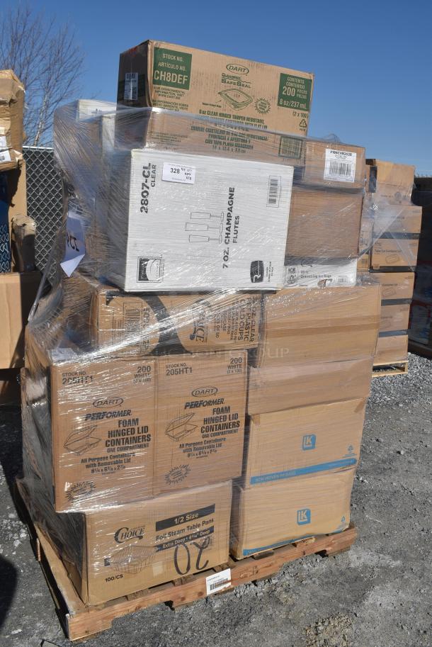 28 BRAND NEW! Boxes Including 760SOUP16WB Choice 16 oz. White Double Poly-Coated Paper Food Cup - 500/Case, 500L1020B Choice Black Hot Paper Cup Travel Lid for 10-24 oz. Standard Cups and 8 oz. Squat Cups - 1000/Case, 500CC16 Choice Clear PET Customizable Plastic Cold Cup - 16 oz. - 1000/Case, 130IC20DSP1M Choice 20 lb. Clear Plastic Drawstring Ice Bag with Ice Print - 250/Case, 433NHT003 Choice 1/5 Large Size White Unprinted Medium-Duty T-Shirt Bag - 500/Case, 612FS4316 Choice Half Size Heavy-Duty Foil Steam Table Pan Extra-Deep 4 3/16" Depth - 100/Case, Dart 205HT1 White Foam Take Out Container with Perforated Hinged Lid 9" x 6" x 3" - 200/Case. 28 Times Your Bid! - Image 1 of 19