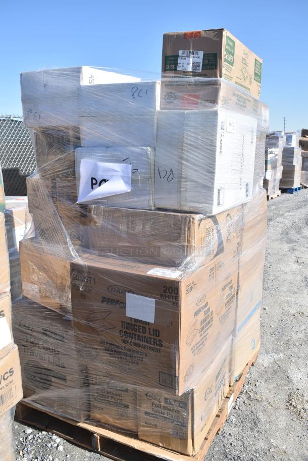 28 BRAND NEW! Boxes Including 760SOUP16WB Choice 16 oz. White Double Poly-Coated Paper Food Cup - 500/Case, 500L1020B Choice Black Hot Paper Cup Travel Lid for 10-24 oz. Standard Cups and 8 oz. Squat Cups - 1000/Case, 500CC16 Choice Clear PET Customizable Plastic Cold Cup - 16 oz. - 1000/Case, 130IC20DSP1M Choice 20 lb. Clear Plastic Drawstring Ice Bag with Ice Print - 250/Case, 433NHT003 Choice 1/5 Large Size White Unprinted Medium-Duty T-Shirt Bag - 500/Case, 612FS4316 Choice Half Size Heavy-Duty Foil Steam Table Pan Extra-Deep 4 3/16" Depth - 100/Case, Dart 205HT1 White Foam Take Out Container with Perforated Hinged Lid 9" x 6" x 3" - 200/Case. 28 Times Your Bid! - Image 2 of 19