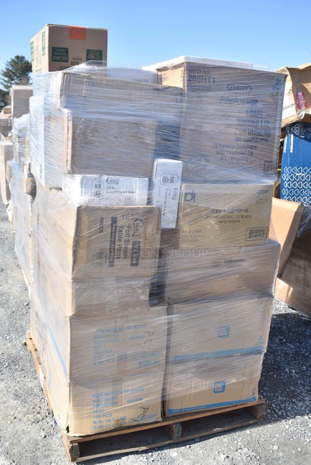 28 BRAND NEW! Boxes Including 760SOUP16WB Choice 16 oz. White Double Poly-Coated Paper Food Cup - 500/Case, 500L1020B Choice Black Hot Paper Cup Travel Lid for 10-24 oz. Standard Cups and 8 oz. Squat Cups - 1000/Case, 500CC16 Choice Clear PET Customizable Plastic Cold Cup - 16 oz. - 1000/Case, 130IC20DSP1M Choice 20 lb. Clear Plastic Drawstring Ice Bag with Ice Print - 250/Case, 433NHT003 Choice 1/5 Large Size White Unprinted Medium-Duty T-Shirt Bag - 500/Case, 612FS4316 Choice Half Size Heavy-Duty Foil Steam Table Pan Extra-Deep 4 3/16" Depth - 100/Case, Dart 205HT1 White Foam Take Out Container with Perforated Hinged Lid 9" x 6" x 3" - 200/Case. 28 Times Your Bid! - Image 3 of 19