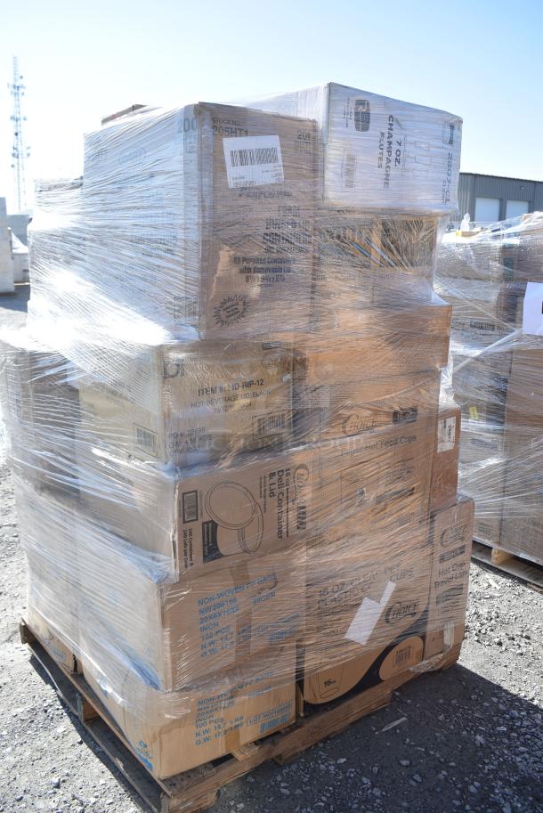 28 BRAND NEW! Boxes Including 760SOUP16WB Choice 16 oz. White Double Poly-Coated Paper Food Cup - 500/Case, 500L1020B Choice Black Hot Paper Cup Travel Lid for 10-24 oz. Standard Cups and 8 oz. Squat Cups - 1000/Case, 500CC16 Choice Clear PET Customizable Plastic Cold Cup - 16 oz. - 1000/Case, 130IC20DSP1M Choice 20 lb. Clear Plastic Drawstring Ice Bag with Ice Print - 250/Case, 433NHT003 Choice 1/5 Large Size White Unprinted Medium-Duty T-Shirt Bag - 500/Case, 612FS4316 Choice Half Size Heavy-Duty Foil Steam Table Pan Extra-Deep 4 3/16" Depth - 100/Case, Dart 205HT1 White Foam Take Out Container with Perforated Hinged Lid 9" x 6" x 3" - 200/Case. 28 Times Your Bid! - Image 4 of 19