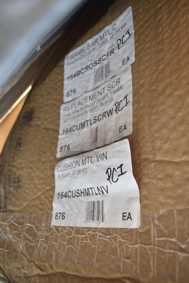 BRAND NEW SCRATCH AND DENT! 164BCROSSCFR Lancaster Table & Seating Clear Coat Steel Cross Back Bar Height Chair Frame, 164CUMTLSCRW Lancaster Table & Seating Chair Seat Screw - 4/Set, 164CUSHMTLNV Lancaster Table & Seating 2 1/2" Navy Vinyl Padded Seat for Metal Frame Seating. May Be Missing Pieces. - Image 2 of 2