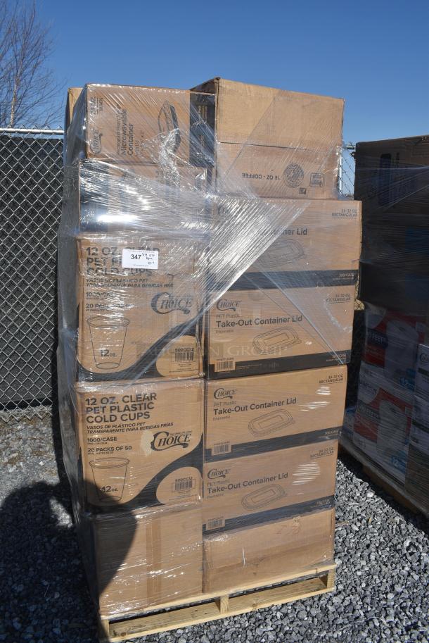 27 BRAND NEW! Items Including Four 795KFTL32SPE Choice 16-32 oz. Rectangular PET Take-Out Lid - 300/Case, Two 500CC12 Choice Clear PET Customizable Plastic Cold Cup - 12 oz. - 1000/Case, 5002TPJPREM Lavex Premium 2-Ply 720' Universal Jumbo Toilet Paper Roll with 9" Diameter - 12/Case, 50016C Choice 16 oz. Coffee Print Poly Paper Hot Cup - 1000/Case, 795KFTL32SPE Choice 16-32 oz. Rectangular PET Take-Out Lid - 300/Case, 500CC10 Choice 10 oz. Clear PET Plastic Cold Cup - 1000/Case,129MCS24B Choice 24 oz. Black Rectangular Microwavable Heavy Weight Container with Lid 8" x 5 1/4" x 2" - 150/Case. 27 Times Your Bid! - Image 1 of 12