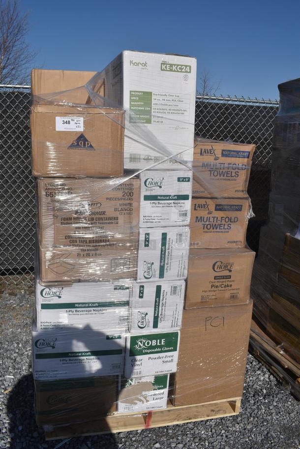 32 BRAND NEW! Items Including Two 500MFTN Lavex Natural Brown Kraft M-Fold (Multifold) Towel - 4000/Case, Four 5001BNAPNAT EcoChoice 1-Ply Natural Kraft Beverage / Cocktail Napkin - 4000/Case, 182RRF14 Choice 10" x 14" Plastic Food Bag On A Roll - 1000/Case, 5002CPTE Lavex 2-Ply White Center Pull Paper Towel 510' Roll - 6/Case, 760FF12 Choice 12 oz. French Fry Cup - 1000/Case, 433HSLCPIE Choice Clear Hinged Slice Container with Lid. 32 Times Your Bid! - Image 1 of 15