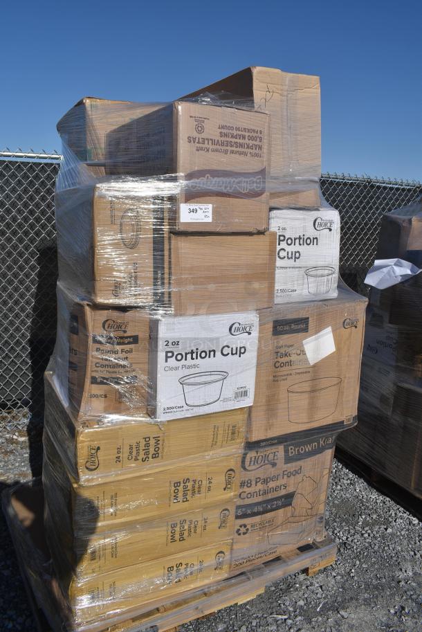 30 BRAND NEW! Items Including Four 127SB24COMBO Choice 24 oz. Clear Plastic Salad Bowl with Lid - 150/Case, Two 127P2C Choice 2 oz Portion Cups, 760SOUP8KFT EcoChoice 8 oz. Kraft Paper Food Cup with Vented Lid - 250/Case, 43302CUPC Choice 2-Compartment Clear OPS Plastic Jumbo Cupcake / Muffin Container - 250/Case, 795KFT50RNPE Choice 50 oz. Round Kraft PE-Lined Microwavable Take-Out Container 7 5/16" x 3" - 300/Case, 127SB24COMBO Choice 24 oz. Clear Plastic Salad Bowl with Lid - 150/Case. 30 Times Your Bid! - Image 1 of 13