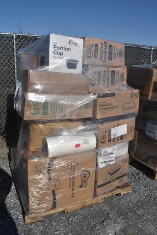 26 BRAND NEW! Items Including 500L1020W Choice White Hot Paper Cup Travel Lid for 10-24 oz. Standard Cups and 8 oz. Squat Cups - 1000/Case, 500CC16 Choice Clear PET Customizable Plastic Cold Cup - 16 oz. - 1000/Case, 5001N6001KR EcoChoice 10" x 12" Natural Kraft 1/4 Fold Luncheon Napkin - 6000/Case, 43318TRBU Choice 18" x 700' 40 lb. Premium White True Butcher Paper Roll, 130BKNIFEWP Choice 6 1/2" Individually Wrapped Medium Weight Black Polypropylene Plastic Knife - 1000/Case, 129MCS38B Choice 38 oz. Black Rectangular Microwavable Heavy Weight Container with Lid 8 3/4" x 6 1/4" x 2" - 150/Case. 26 Times Your Bid!