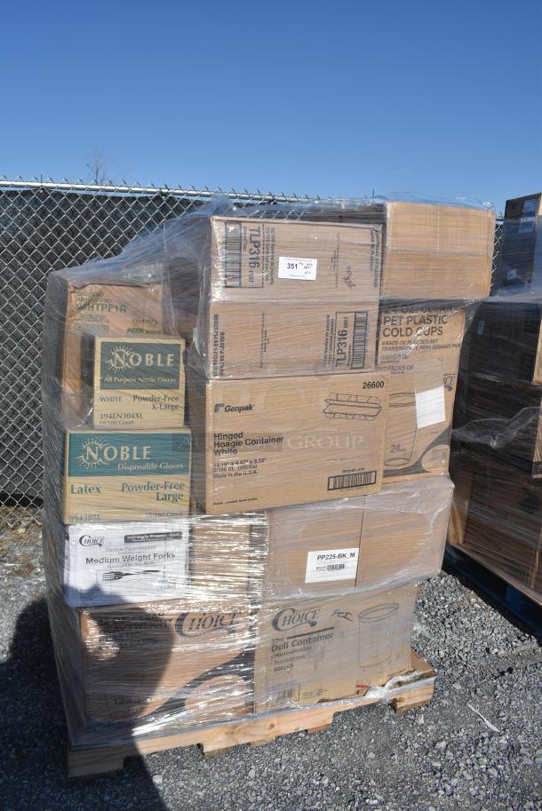 26 BRAND NEW! Items Including 127CH08F Choice 8 oz. Clear RPET Tall Hinged Deli Container - 200/Case, 433NHT101H Choice 1/6 Standard Size White "Thank You" Medium-Duty Plastic T-Shirt Bag - 1000/Case, 500L1020B Choice Black Hot Paper Cup Travel Lid for 10-24 oz. Standard Cups and 8 oz. Squat Cups - 1000/Case, 129MCR16B Choice 16 oz. Black 6 1/4" Round Microwavable Heavy Weight Container with Lid - 150/Case, 127P100C Choice 1 oz. Clear Plastic Souffle Cup / Portion Cup - 2500/Case, 394385L Noble Products Powder-Free Disposable Latex Gloves for Foodservice - 1000/Case, 130BFORKWP Choice Individually Wrapped Medium Weight Black Polypropylene Plastic Fork - 1000/Case. 26 Times Your Bid! - Image 1 of 15