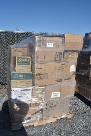 26 BRAND NEW! Items Including 127CH08F Choice 8 oz. Clear RPET Tall Hinged Deli Container - 200/Case, 433NHT101H Choice 1/6 Standard Size White "Thank You" Medium-Duty Plastic T-Shirt Bag - 1000/Case, 500L1020B Choice Black Hot Paper Cup Travel Lid for 10-24 oz. Standard Cups and 8 oz. Squat Cups - 1000/Case, 129MCR16B Choice 16 oz. Black 6 1/4" Round Microwavable Heavy Weight Container with Lid - 150/Case, 127P100C Choice 1 oz. Clear Plastic Souffle Cup / Portion Cup - 2500/Case, 394385L Noble Products Powder-Free Disposable Latex Gloves for Foodservice - 1000/Case, 130BFORKWP Choice Individually Wrapped Medium Weight Black Polypropylene Plastic Fork - 1000/Case. 26 Times Your Bid!