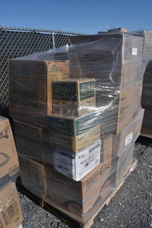 26 BRAND NEW! Items Including 127CH08F Choice 8 oz. Clear RPET Tall Hinged Deli Container - 200/Case, 433NHT101H Choice 1/6 Standard Size White "Thank You" Medium-Duty Plastic T-Shirt Bag - 1000/Case, 500L1020B Choice Black Hot Paper Cup Travel Lid for 10-24 oz. Standard Cups and 8 oz. Squat Cups - 1000/Case, 129MCR16B Choice 16 oz. Black 6 1/4" Round Microwavable Heavy Weight Container with Lid - 150/Case, 127P100C Choice 1 oz. Clear Plastic Souffle Cup / Portion Cup - 2500/Case, 394385L Noble Products Powder-Free Disposable Latex Gloves for Foodservice - 1000/Case, 130BFORKWP Choice Individually Wrapped Medium Weight Black Polypropylene Plastic Fork - 1000/Case. 26 Times Your Bid! - Image 2 of 15