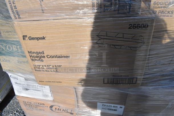 26 BRAND NEW! Items Including 127CH08F Choice 8 oz. Clear RPET Tall Hinged Deli Container - 200/Case, 433NHT101H Choice 1/6 Standard Size White "Thank You" Medium-Duty Plastic T-Shirt Bag - 1000/Case, 500L1020B Choice Black Hot Paper Cup Travel Lid for 10-24 oz. Standard Cups and 8 oz. Squat Cups - 1000/Case, 129MCR16B Choice 16 oz. Black 6 1/4" Round Microwavable Heavy Weight Container with Lid - 150/Case, 127P100C Choice 1 oz. Clear Plastic Souffle Cup / Portion Cup - 2500/Case, 394385L Noble Products Powder-Free Disposable Latex Gloves for Foodservice - 1000/Case, 130BFORKWP Choice Individually Wrapped Medium Weight Black Polypropylene Plastic Fork - 1000/Case. 26 Times Your Bid! - Image 12 of 15