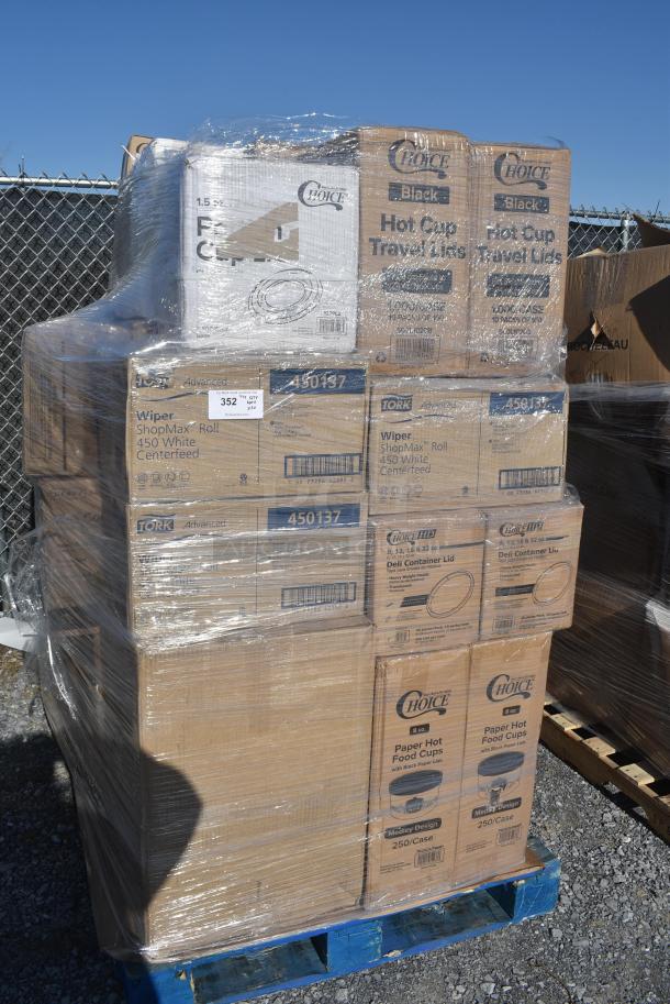 30 BRAND NEW! Items Including Three 450137 Tork Wiper ShopMax Roll 450 White Centerfeed, Two 500L1020B Choice Black Hot Paper Cup Travel Lid for 10-24 oz. Standard Cups and 8 oz. Squat Cups - 1000/Case, 500TO10103 Choice 10" x 10" x 3" Microwaveable 1-Compartment Black / Clear Plastic Hinged Container - 100/Case, 433910P 9" White Uncoated Paper Plate, 128HD16COMBO ChoiceHD 16 oz. Microwavable Translucent Plastic Deli Container and Lid Combo Pack - 240/Case, 760SOUP8MP Choice 8 oz. Medley Double Poly-Coated Paper Soup / Hot Food Cup with Vented Paper Lid - 250/Case. 30 Times Your Bid! - Image 1 of 16