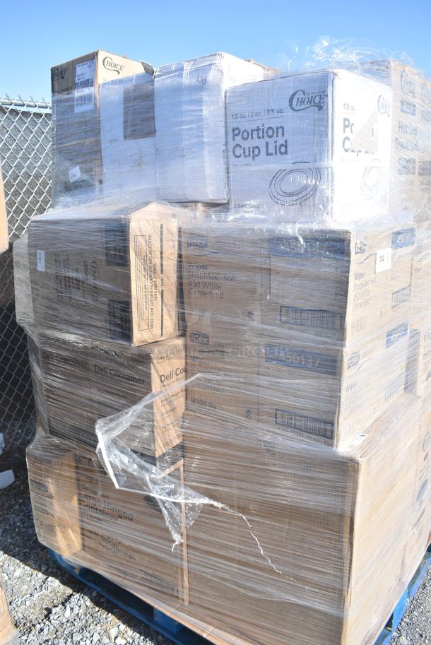 30 BRAND NEW! Items Including Three 450137 Tork Wiper ShopMax Roll 450 White Centerfeed, Two 500L1020B Choice Black Hot Paper Cup Travel Lid for 10-24 oz. Standard Cups and 8 oz. Squat Cups - 1000/Case, 500TO10103 Choice 10" x 10" x 3" Microwaveable 1-Compartment Black / Clear Plastic Hinged Container - 100/Case, 433910P 9" White Uncoated Paper Plate, 128HD16COMBO ChoiceHD 16 oz. Microwavable Translucent Plastic Deli Container and Lid Combo Pack - 240/Case, 760SOUP8MP Choice 8 oz. Medley Double Poly-Coated Paper Soup / Hot Food Cup with Vented Paper Lid - 250/Case. 30 Times Your Bid! - Image 2 of 16