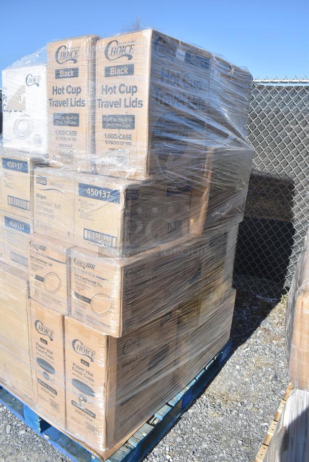30 BRAND NEW! Items Including Three 450137 Tork Wiper ShopMax Roll 450 White Centerfeed, Two 500L1020B Choice Black Hot Paper Cup Travel Lid for 10-24 oz. Standard Cups and 8 oz. Squat Cups - 1000/Case, 500TO10103 Choice 10" x 10" x 3" Microwaveable 1-Compartment Black / Clear Plastic Hinged Container - 100/Case, 433910P 9" White Uncoated Paper Plate, 128HD16COMBO ChoiceHD 16 oz. Microwavable Translucent Plastic Deli Container and Lid Combo Pack - 240/Case, 760SOUP8MP Choice 8 oz. Medley Double Poly-Coated Paper Soup / Hot Food Cup with Vented Paper Lid - 250/Case. 30 Times Your Bid! - Image 3 of 16