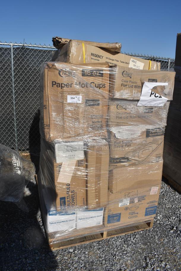 32 BRAND NEW! Items Including 129MCS24B Choice 24 oz. Black Rectangular Microwavable Heavy Weight Container with Lid 8" x 5 1/4" x 2" - 150/Case, 600TB3018G Regency 30" x 18" 18-Gauge 304 Stainless Steel Equipment Filler Table with Backsplash and Galvanized Undershelf, 50016W Choice 16 oz. White Poly Paper Hot Cup - 1000/Case, 50010DWALLW Choice 10 oz. White Smooth Double Wall Paper Hot Cup - 500/Case, 612FS7800 Choice Full Size Foil Steam Table Pan Medium. 32 Times Your Bid! - Image 1 of 15