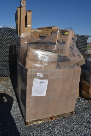 16 BRAND NEW! Items Including 760SOUP16WB Choice 6 - 16 oz. White Paper Soup / Hot Food Cup Vented Lid - 1000/Case, Two 460EG2472 Regency 24 x 72 Green Wire Shelf, 129MCR32B Choice 32 oz. Black Round Microwavable Heavy Weight Container with Lid 7 1/4" - 150/Case, 612558HD Choice 8 Round Heavy Weight Foil Take Out Pan. 16 Times Your Bid!