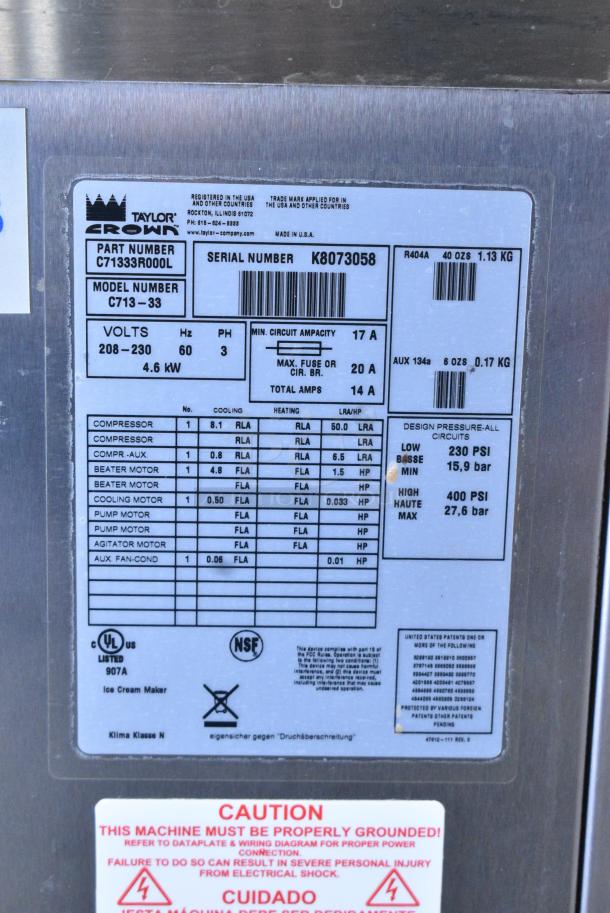 Taylor C713-33 Stainless Steel Commercial Floor Style Water Cooled 2 Flavor w/ Twist Soft Serve Ice Cream Machine on Commercial Casters. 208-230 Volts, 3 Phase. - Image 10 of 10