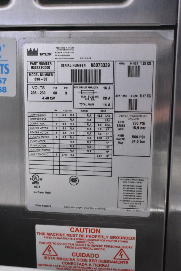 Taylor 338-33 Stainless Steel Commercial Countertop Water Cooled 2 Flavor w/ Twist Soft Serve Ice Cream Machine 208-230 Volts, 3 Phase. - Image 9 of 9