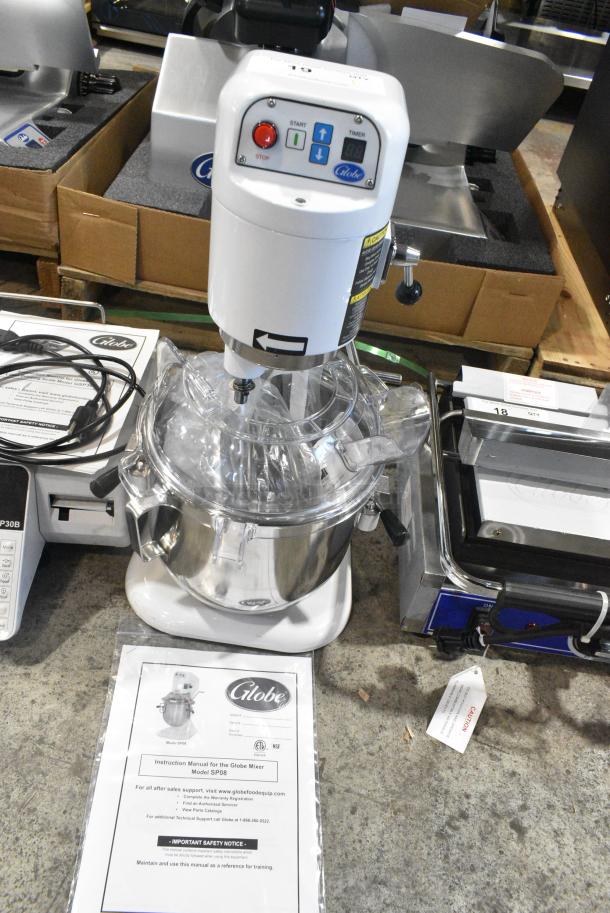 BRAND NEW SCRATCH AND DENT! 2022 Globe SP8 Metal Commercial 8 Quart Planetary Dough Mixer w/ Stainless Steel Mixing Bowl, Bowl Guard, Dough Hook, Paddle and Whisk Attachments. 110 Volts, 1 Phase. Tested and Working! - Image 2 of 9