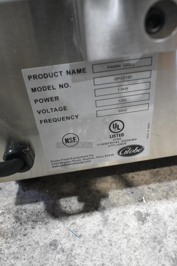 BRAND NEW SCRATCH AND DENT! 2019 Globe GPGS14D Stainless Steel Commercial Countertop Panini Press. 120 Volts, 1 Phase. Tested and Working! - Image 9 of 9