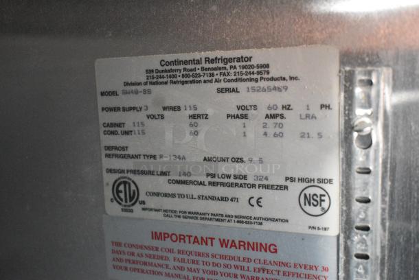 Continental SW48-BS Stainless Steel Commercial 2 Door Work Top Cooler on Commercial Casters. 115 Volts, 1 Phase. Tested and Powers On But Does Not Get Cold - Image 7 of 7