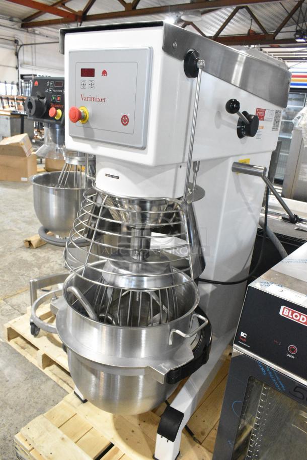 BRAND NEW SCRATCH AND DENT! 2022 Varimixer V60A Metal Commercial Floor Style 60 Quart Planetary Dough Mixer w/ Stainless Steel Mixing Bowl, Bowl Guard, Dough Hook, Paddle and Whisk Attachments. 208 Volts, 1 Phase. - Image 1 of 9