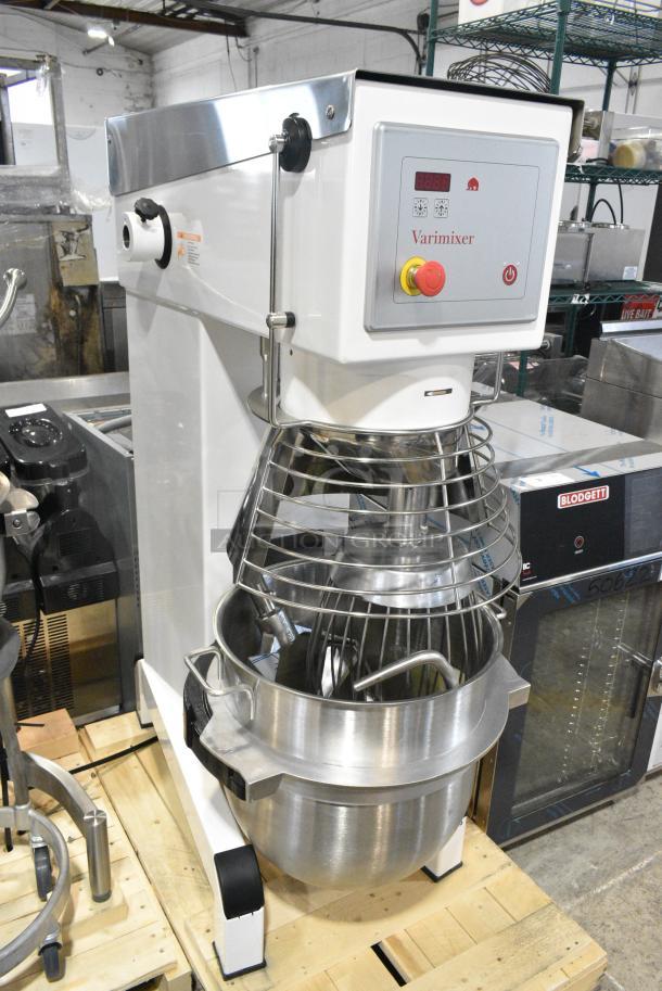BRAND NEW SCRATCH AND DENT! 2022 Varimixer V60A Metal Commercial Floor Style 60 Quart Planetary Dough Mixer w/ Stainless Steel Mixing Bowl, Bowl Guard, Dough Hook, Paddle and Whisk Attachments. 208 Volts, 1 Phase. - Image 3 of 9