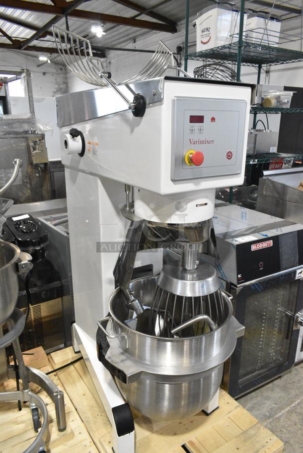 BRAND NEW SCRATCH AND DENT! 2022 Varimixer V60A Metal Commercial Floor Style 60 Quart Planetary Dough Mixer w/ Stainless Steel Mixing Bowl, Bowl Guard, Dough Hook, Paddle and Whisk Attachments. 208 Volts, 1 Phase. - Image 8 of 9