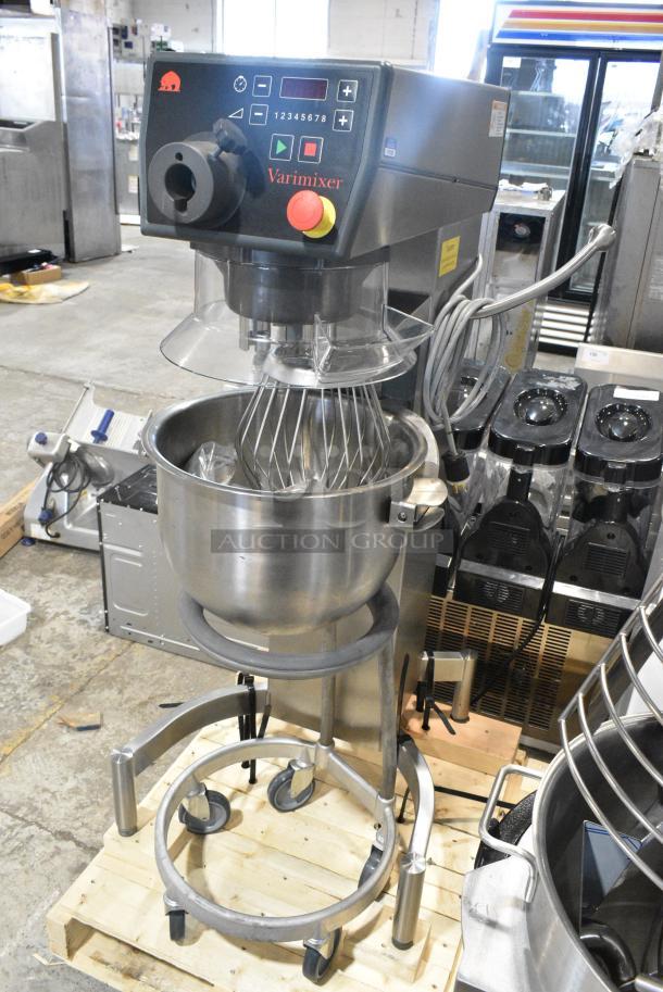 BRAND NEW SCRATCH AND DENT! 2022 Varimixer V20KF Metal Commercial Floor Style 20 Quart Planetary Dough Mixer w/ Stainless Steel Mixing Bowl, Bowl Dolly and Whisk Attachment. 120 Volts, 1 Phase. Tested and Working! - Image 1 of 8