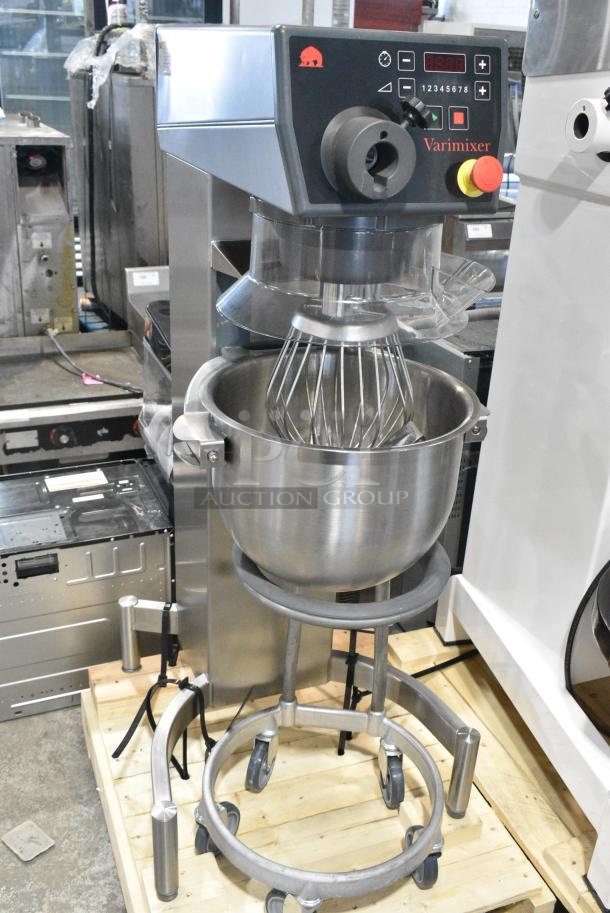 BRAND NEW SCRATCH AND DENT! 2022 Varimixer V20KF Metal Commercial Floor Style 20 Quart Planetary Dough Mixer w/ Stainless Steel Mixing Bowl, Bowl Dolly and Whisk Attachment. 120 Volts, 1 Phase. Tested and Working! - Image 2 of 8