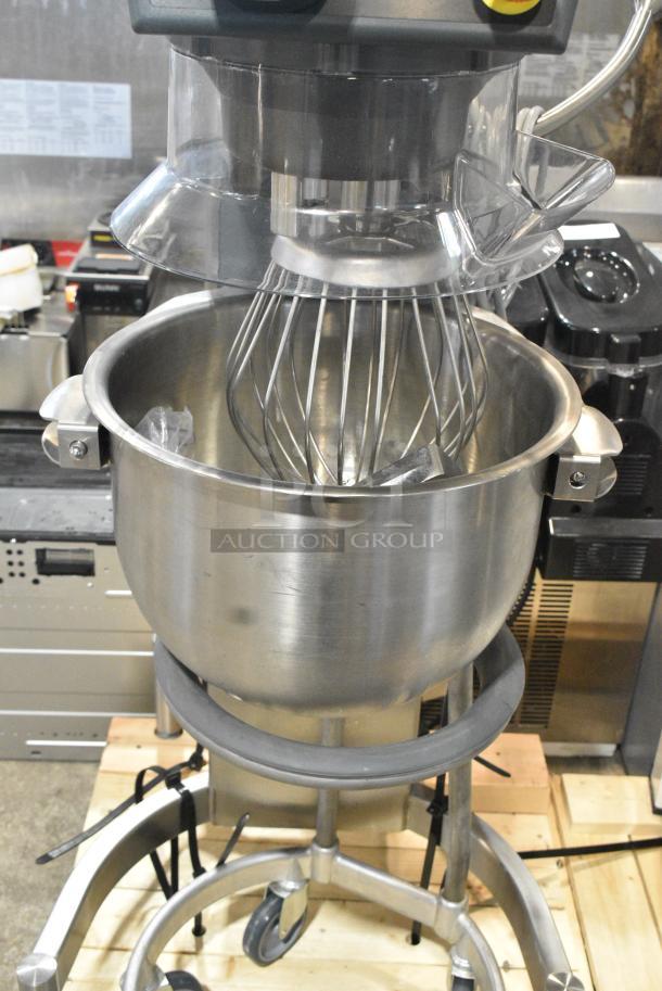 BRAND NEW SCRATCH AND DENT! 2022 Varimixer V20KF Metal Commercial Floor Style 20 Quart Planetary Dough Mixer w/ Stainless Steel Mixing Bowl, Bowl Dolly and Whisk Attachment. 120 Volts, 1 Phase. Tested and Working! - Image 5 of 8