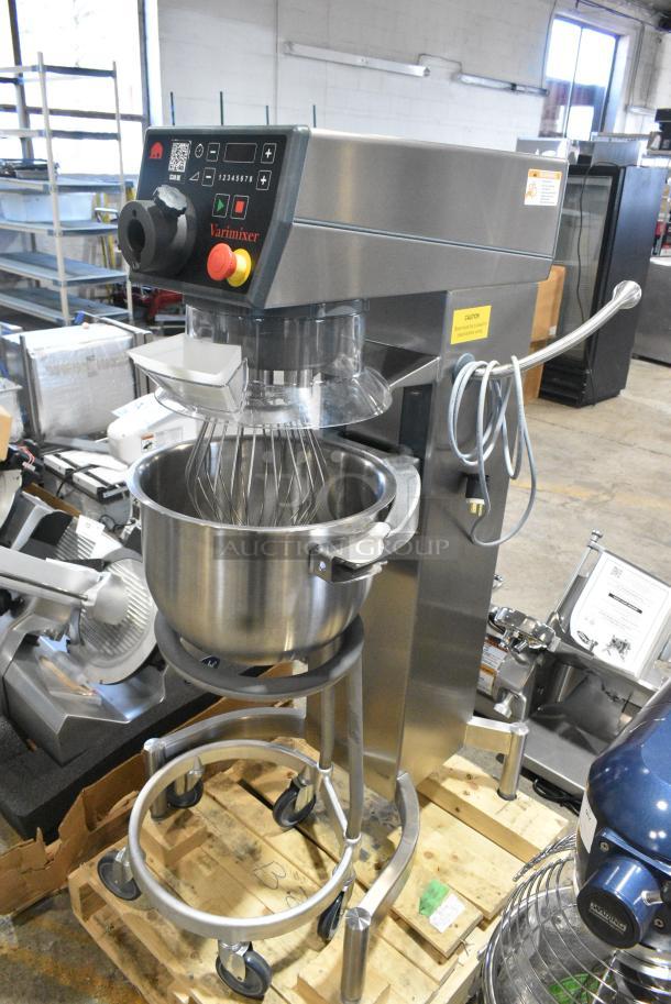 BRAND NEW SCRATCH AND DENT! 2022 Varimixer V20K Metal Commercial Floor Style 20 Quart Planetary Dough Mixer w/ Stainless Steel Mixing Bowl, Bowl Dolly and Whisk Attachment. 120 Volts, 1 Phase. Tested and Powers On But Parts Do Not Move - Image 1 of 9