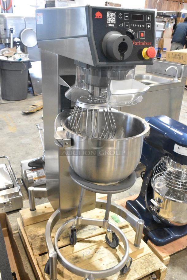 BRAND NEW SCRATCH AND DENT! 2022 Varimixer V20K Metal Commercial Floor Style 20 Quart Planetary Dough Mixer w/ Stainless Steel Mixing Bowl, Bowl Dolly and Whisk Attachment. 120 Volts, 1 Phase. Tested and Powers On But Parts Do Not Move - Image 2 of 9