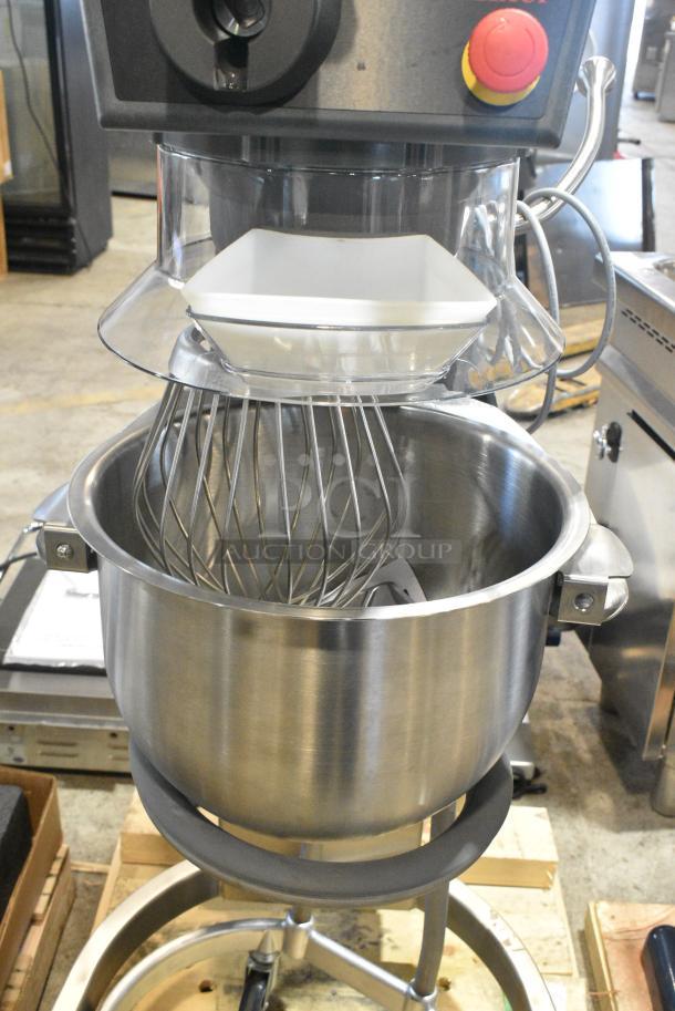 BRAND NEW SCRATCH AND DENT! 2022 Varimixer V20K Metal Commercial Floor Style 20 Quart Planetary Dough Mixer w/ Stainless Steel Mixing Bowl, Bowl Dolly and Whisk Attachment. 120 Volts, 1 Phase. Tested and Powers On But Parts Do Not Move - Image 6 of 9